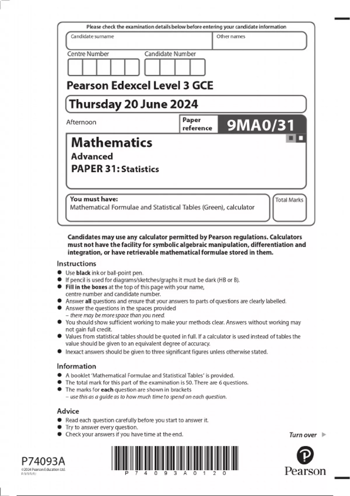 2024 Pearson Edexcel Level 3 GCE Mathematics Advanced PAPER 31 ...