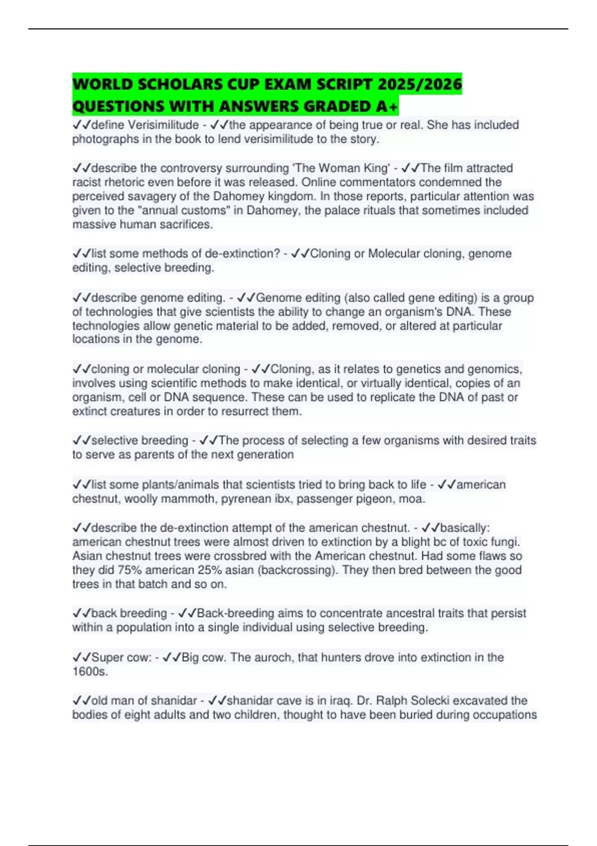 WORLD SCHOLARS CUP EXAM SCRIPT 2025/2026 QUESTIONS WITH ANSWERS GRADED ...