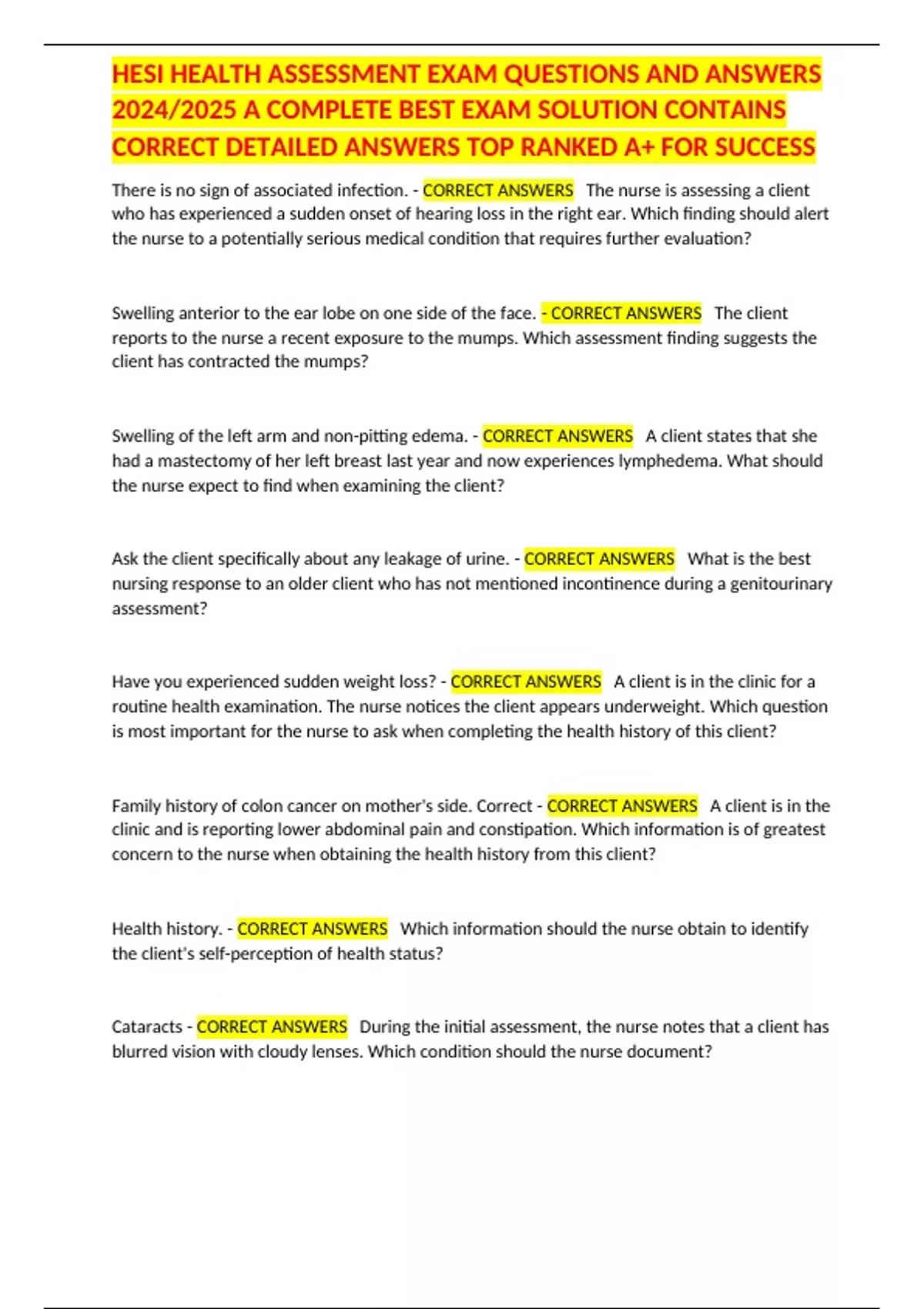 HESI HEALTH ASSESSMENT EXAM QUESTIONS AND ANSWERS 2024/2025 A COMPLETE ...