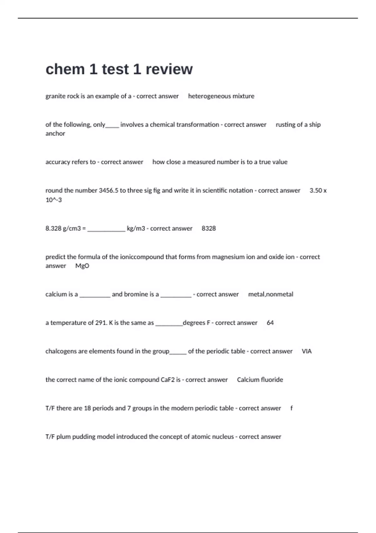 chem 1 test 1 review exam questions with all complete and verified ...