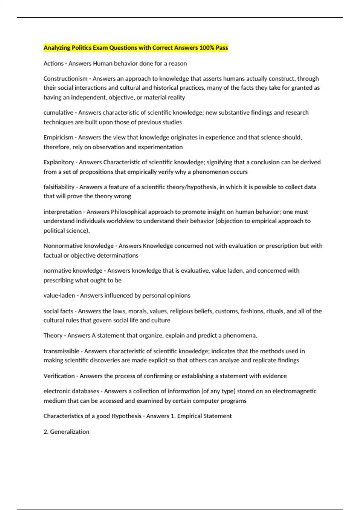 Politics Source Questions Analyzing Politics Exam Questions with Correct Answers 100% Pass ...