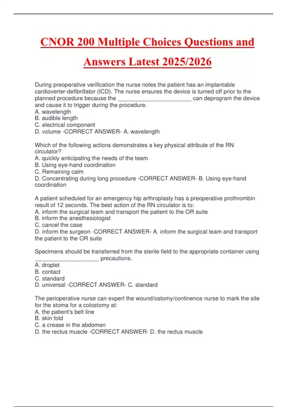 CNOR 200 Multiple Choices Questions and Answers Latest 2025/2026CNOR ...