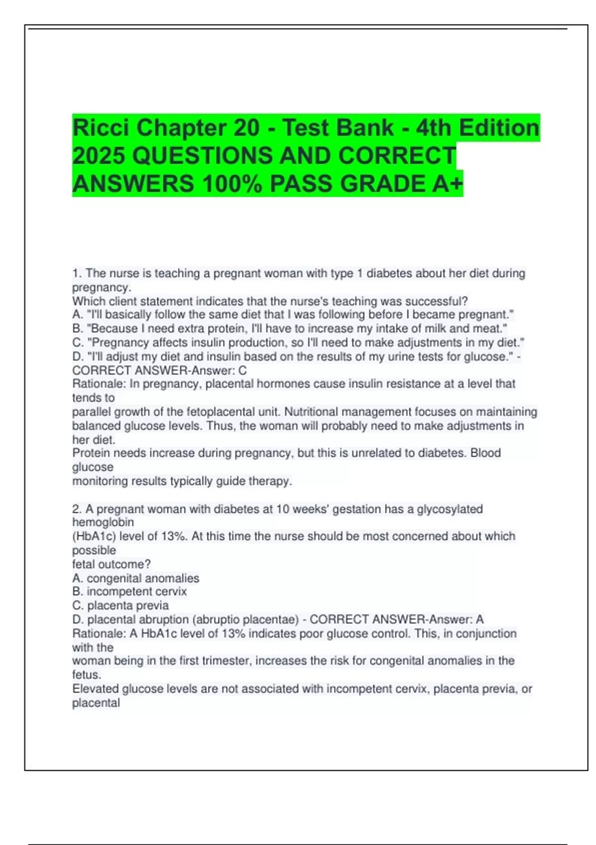 Ricci Chapter 20 - Test Bank - 4th Edition 2025 QUESTIONS AND CORRECT ...