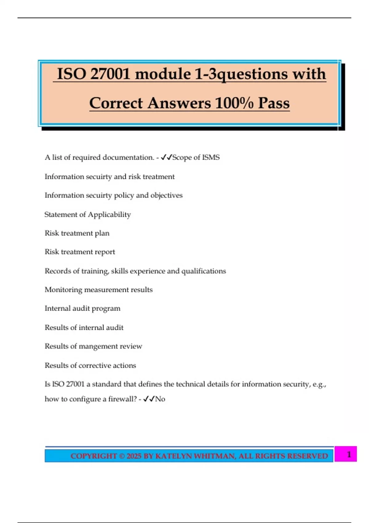 ISO 27001 module 1-3questions with Correct Answers 100% Pass - ISO ...