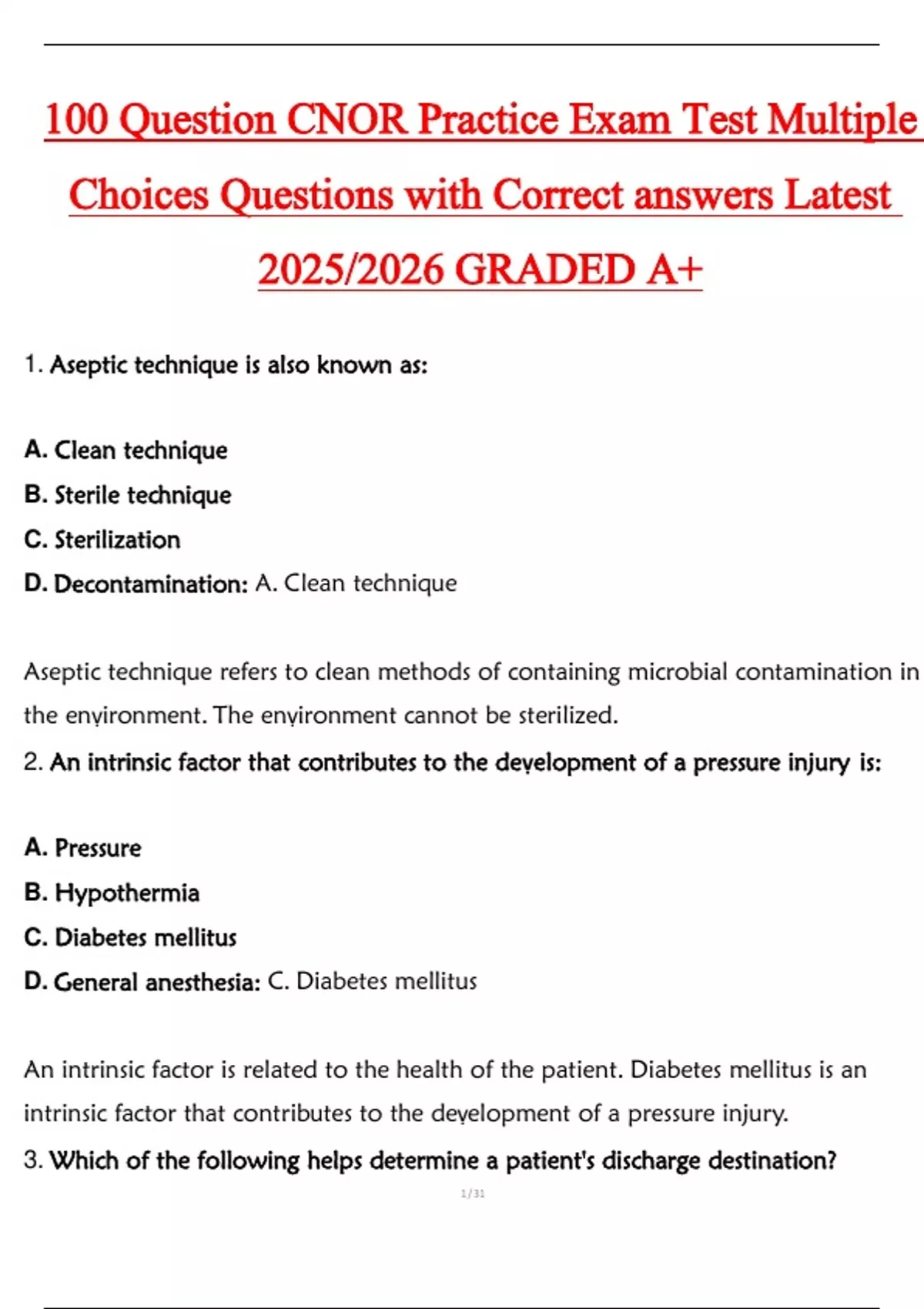 100 Question CNOR Practice Exam Test Multiple Choices Questions with ...