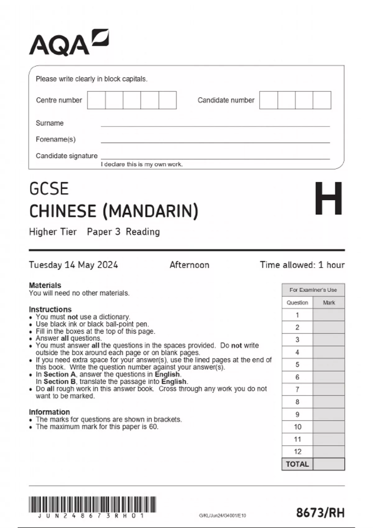 2024 Aqa Gcse Chinese Mandarin Higher Tier Paper 3 Reading Question