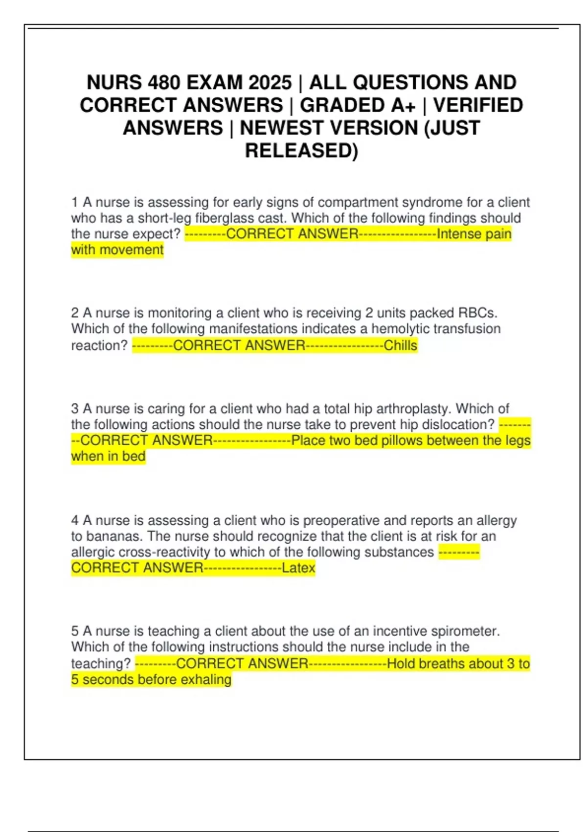 NURS 480 EXAM 2025 | ALL QUESTIONS AND CORRECT ANSWERS | GRADED A+ ...