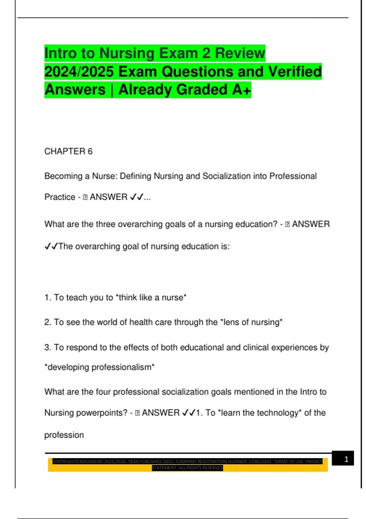 Intro to Nursing Exam 2 Review 2024/2025 Exam Questions and Verified ...