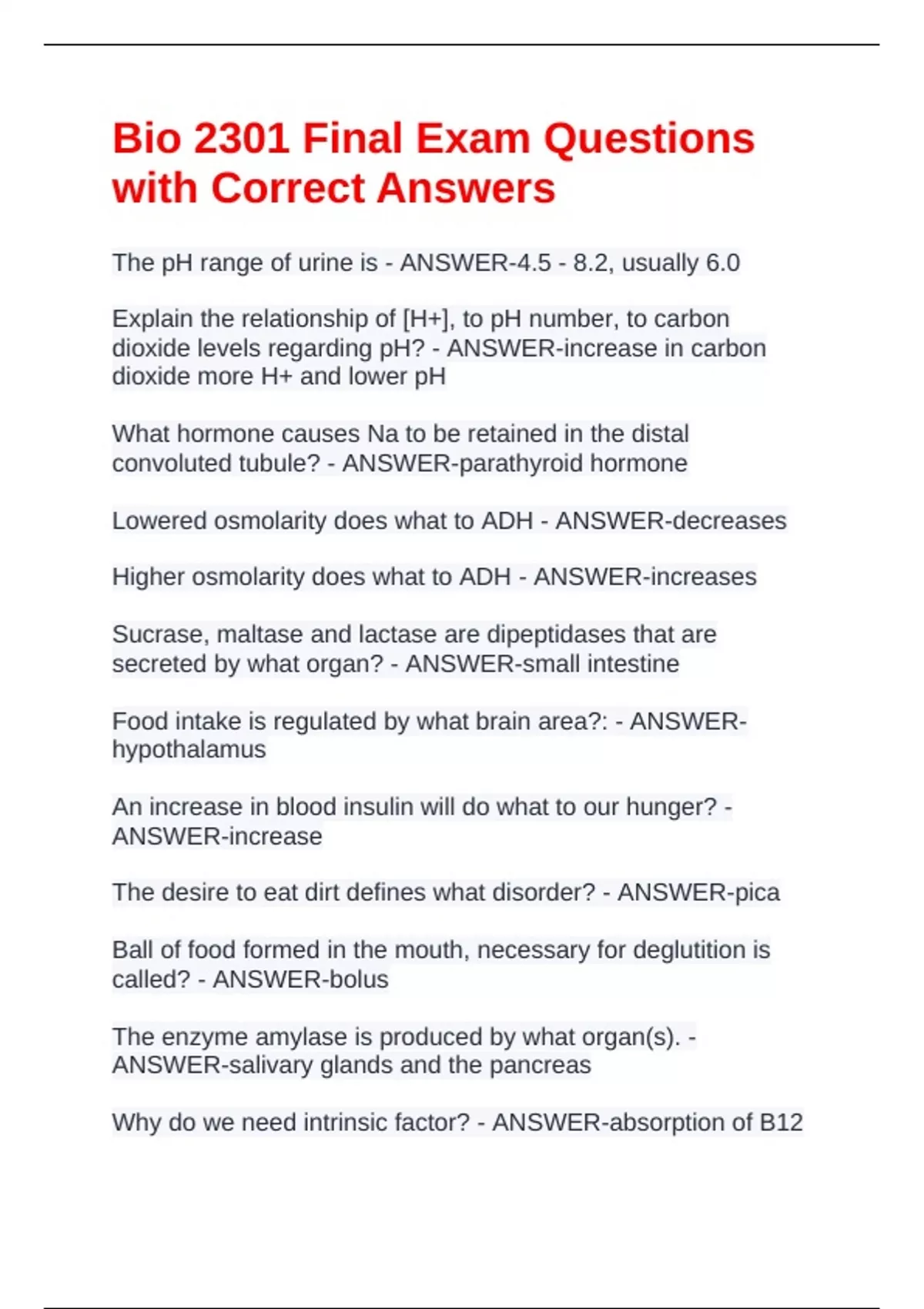 Bio 2301 Final Exam Questions with Correct Answers - Biology 2301 ...