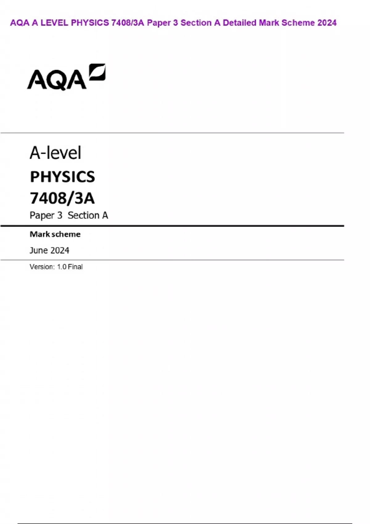 AQA A LEVEL PHYSICS 7408/3A Paper 3 Section A Detailed Mark Scheme 2024 ...