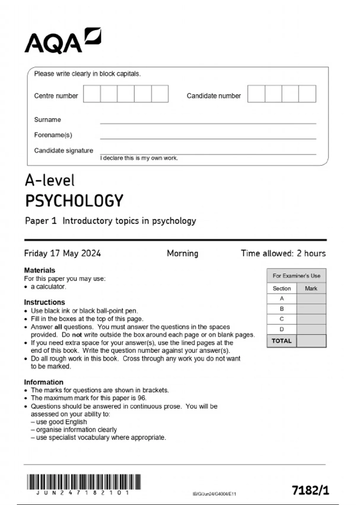 2024 AQA A-level PSYCHOLOGY Paper 1 Introductory topics in psychology ...