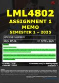 LML4802 ASSIGNMENT 1 MEMO - SEMESTER 1 - 2025 - UNISA &ndash; DUE DATE&colon; - 7 APRIL 2025 &lpar;DETAILED ANSWERS - FULLY REFERENCED - GUARANTEED A&plus;&excl;&rpar;