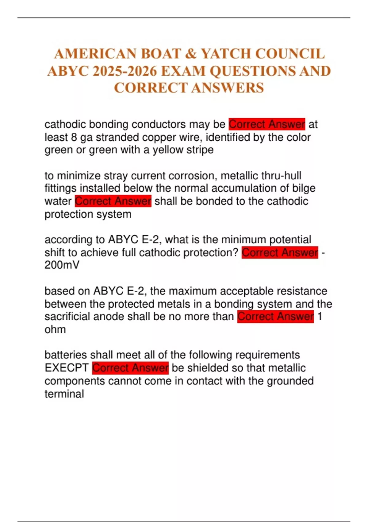 AMERICAN BOAT & YATCH COUNCIL ABYC EXAM QUESTIONS AND CORRECT ANSWERS ...