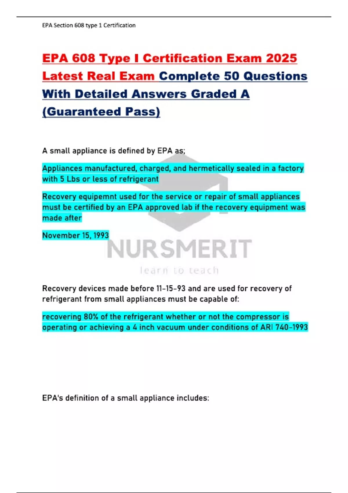 EPA 608 Type I Certification Exam 2025 Latest Real Exam Complete 50 ...