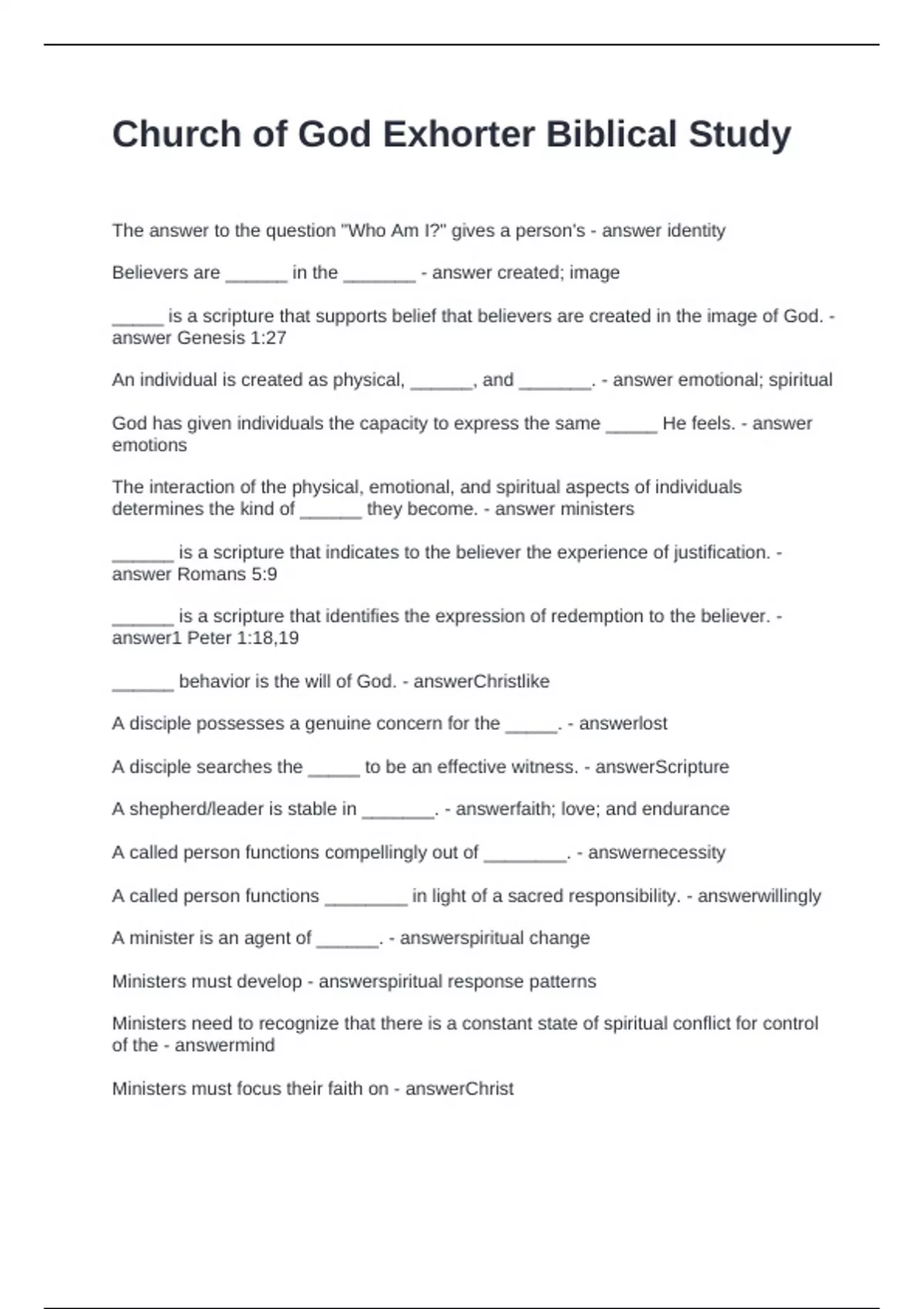 Church of God Exhorter Biblical Study Questions and Answers - Church of ...