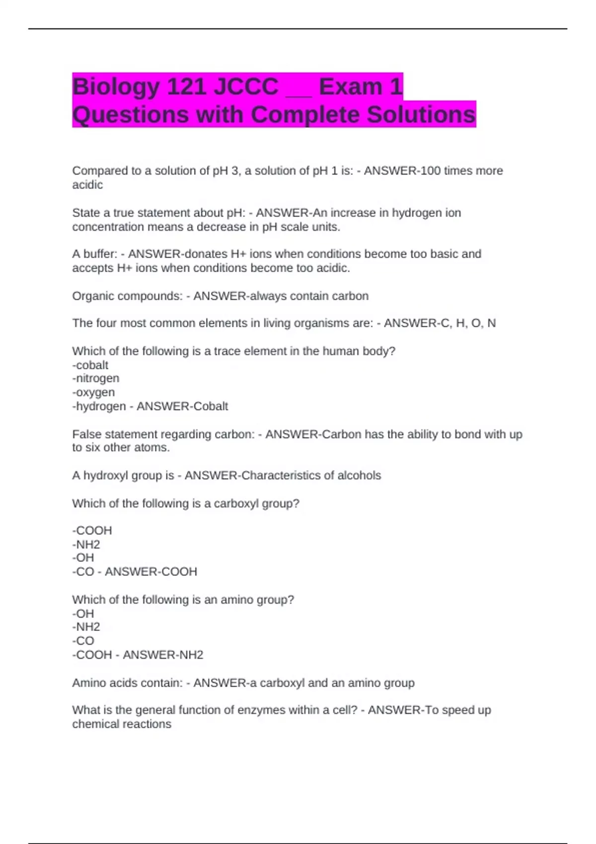 Biology 121 JCCC __ Exam 1 Questions with Complete Solutions - Biology ...