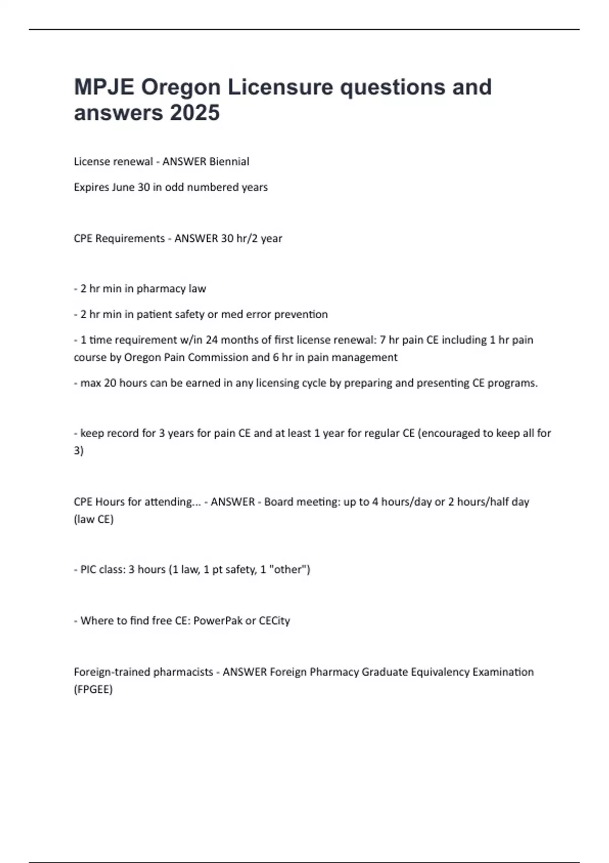 MPJE Oregon Licensure questions and answers 2025 - FPGEE - Stuvia US