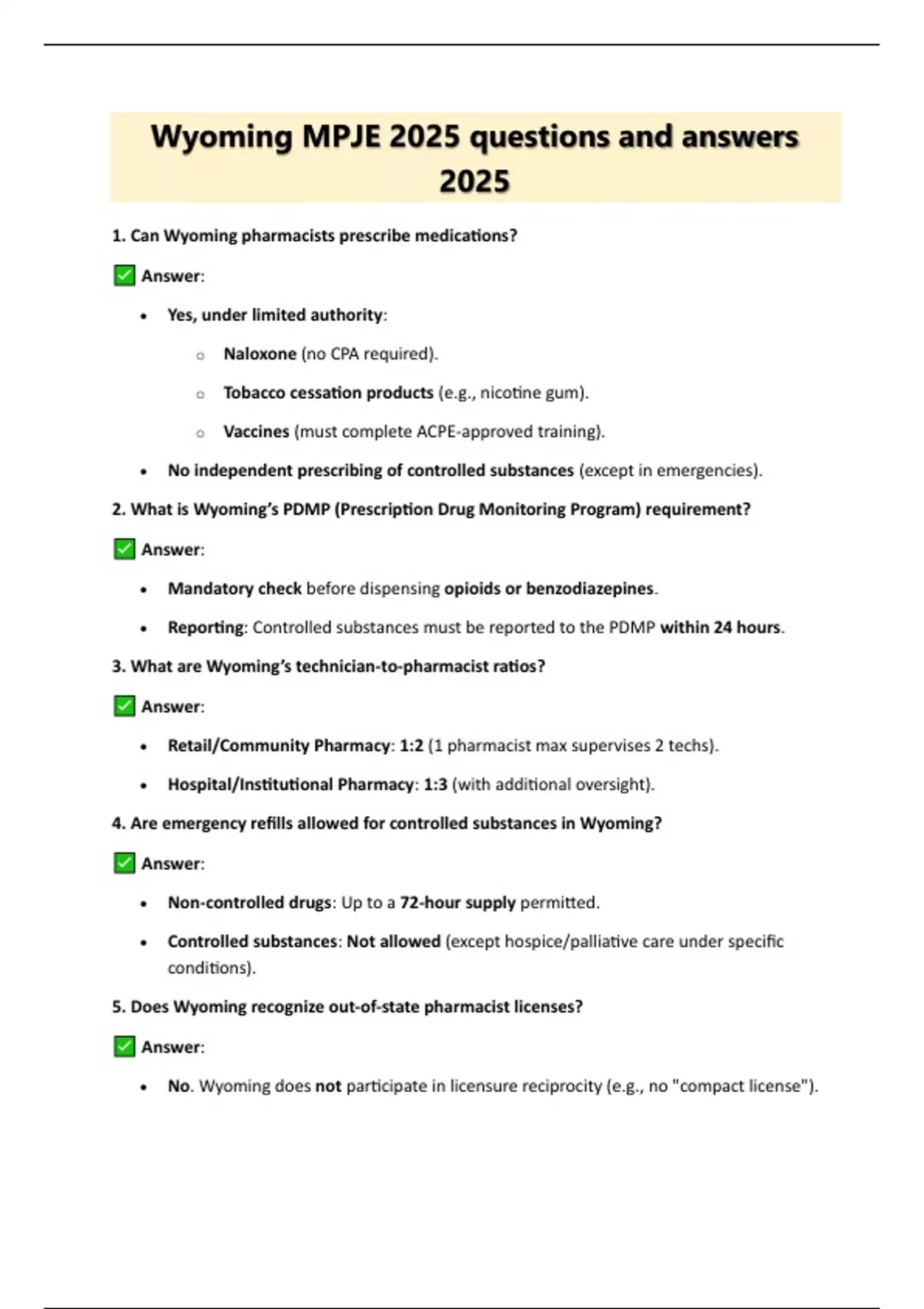 Wyoming MPJE 2025 questions and answers 2025. - FPGEE - Stuvia US