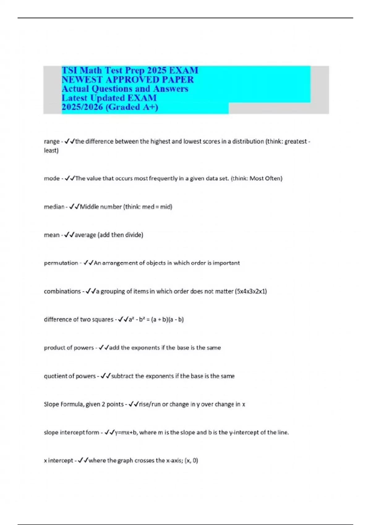 Tsi2 Math Questions TSI Math Test Prep 2025 EXAM NEWEST APPROVED PAPER Actual Questions and ...
