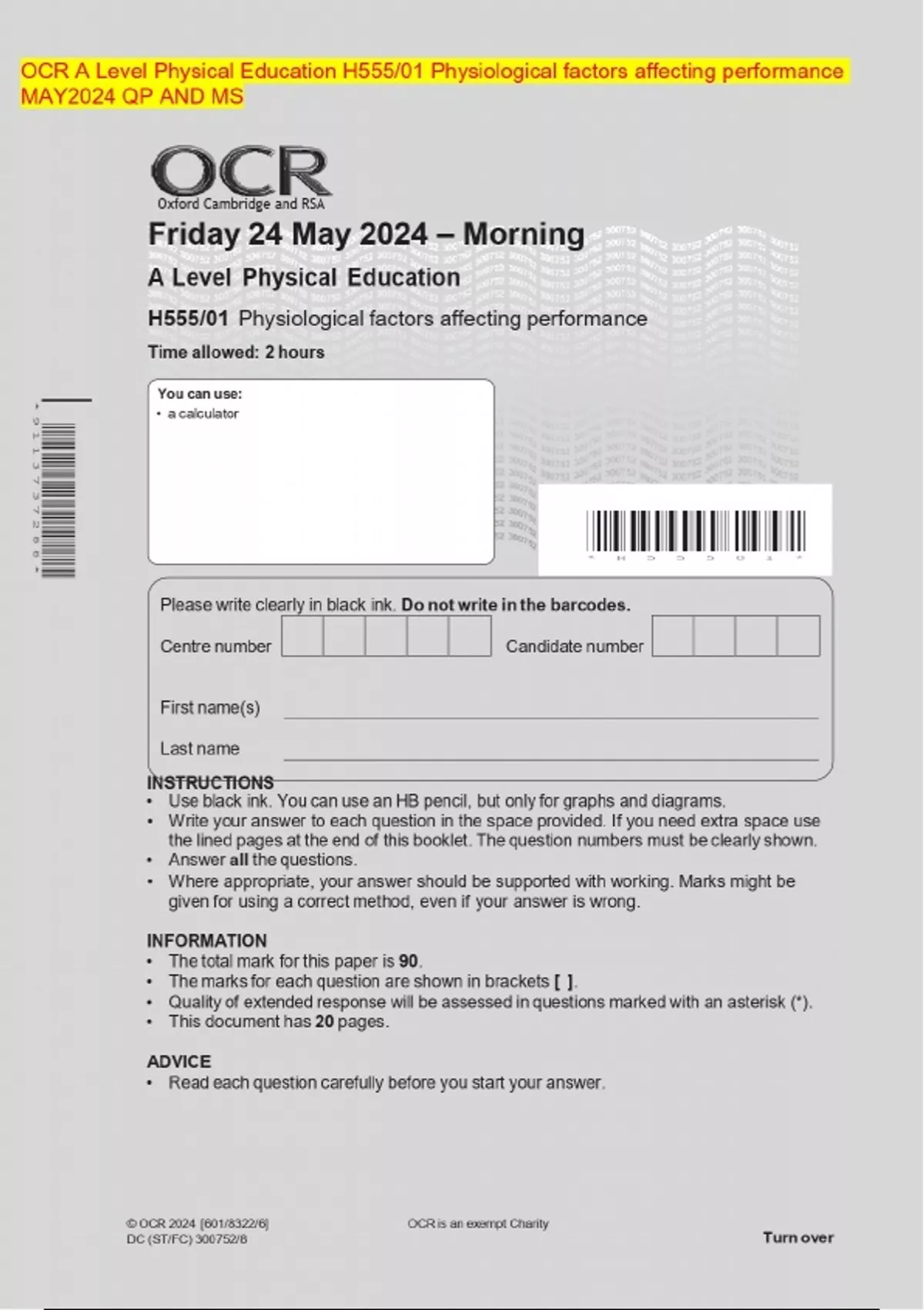 BUNDLE::: OCR A Level Physical Education 2024 Question Paper and Mark ...