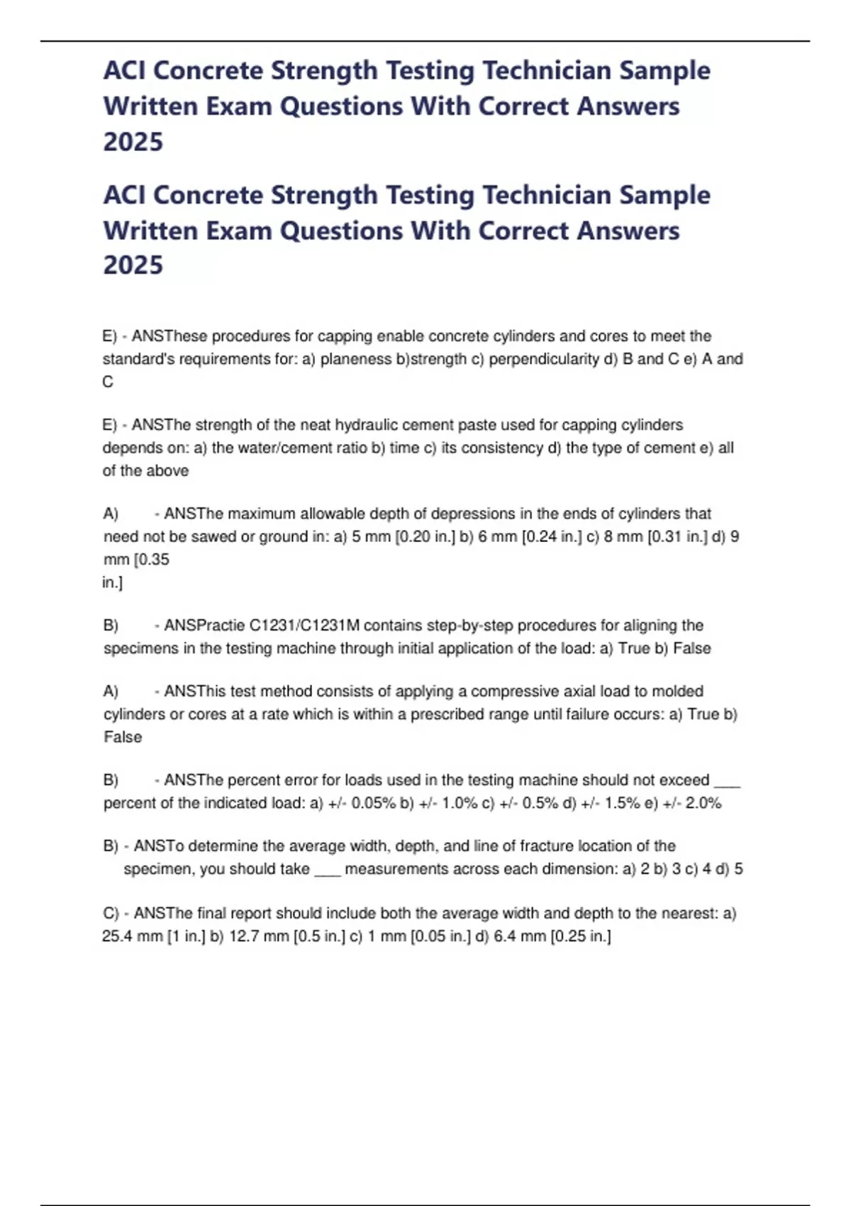 ACI Concrete Strength Testing Technician Sample Written Exam Questions ...