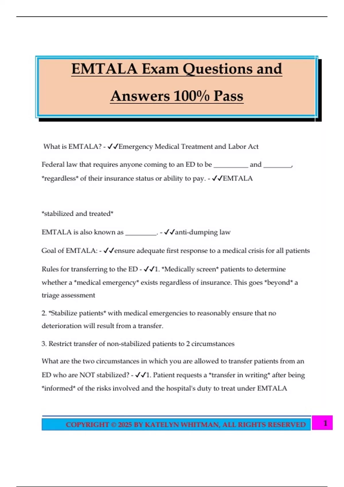 EMTALA Bundled Exams Questions and Answers 100% Pass Guaranteed Updated ...