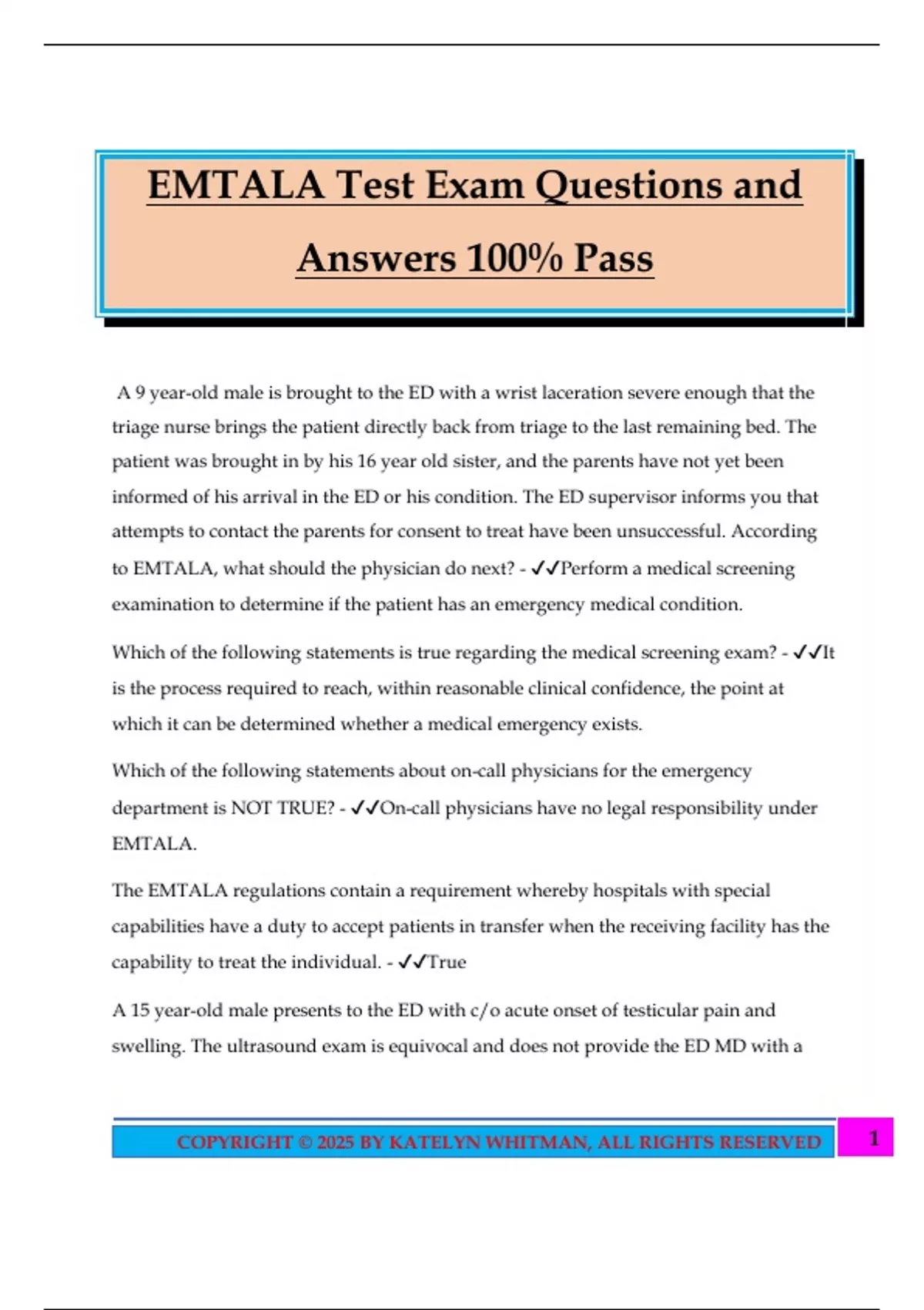 EMTALA Test Exam Questions and Answers 100% Pass - EMTALA - Stuvia US