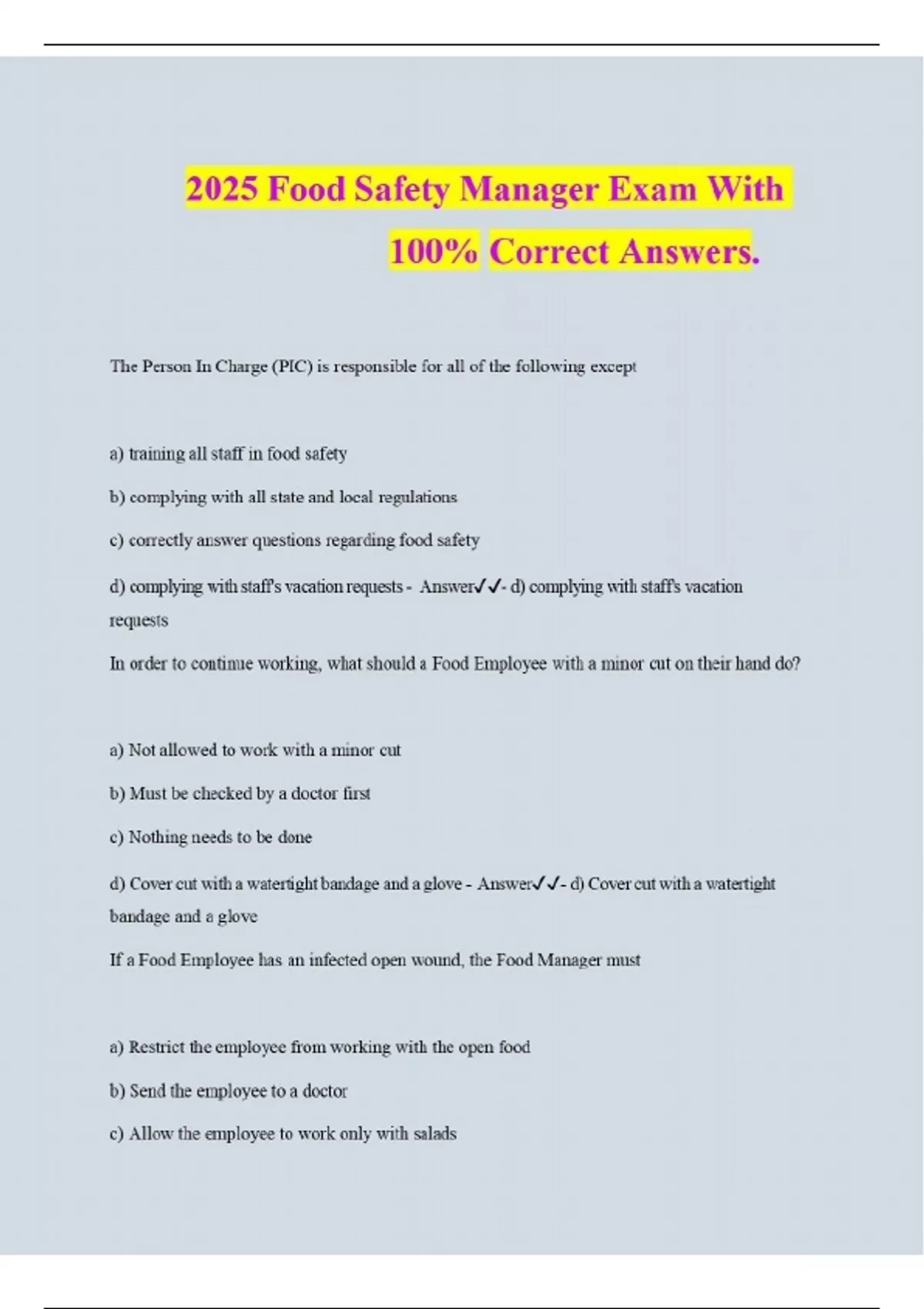 2025 Food Safety Manager Exam With 100% Correct Answers. - Food Safety ...