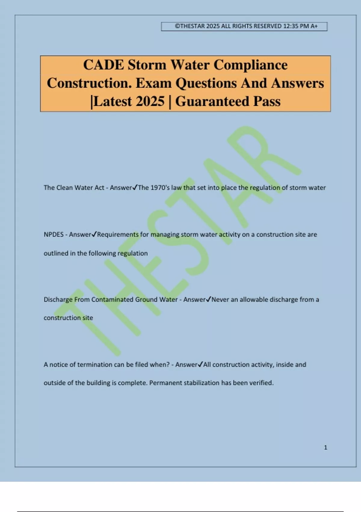 CADE Storm Water Compliance Construction. Exam Questions And Answers ...
