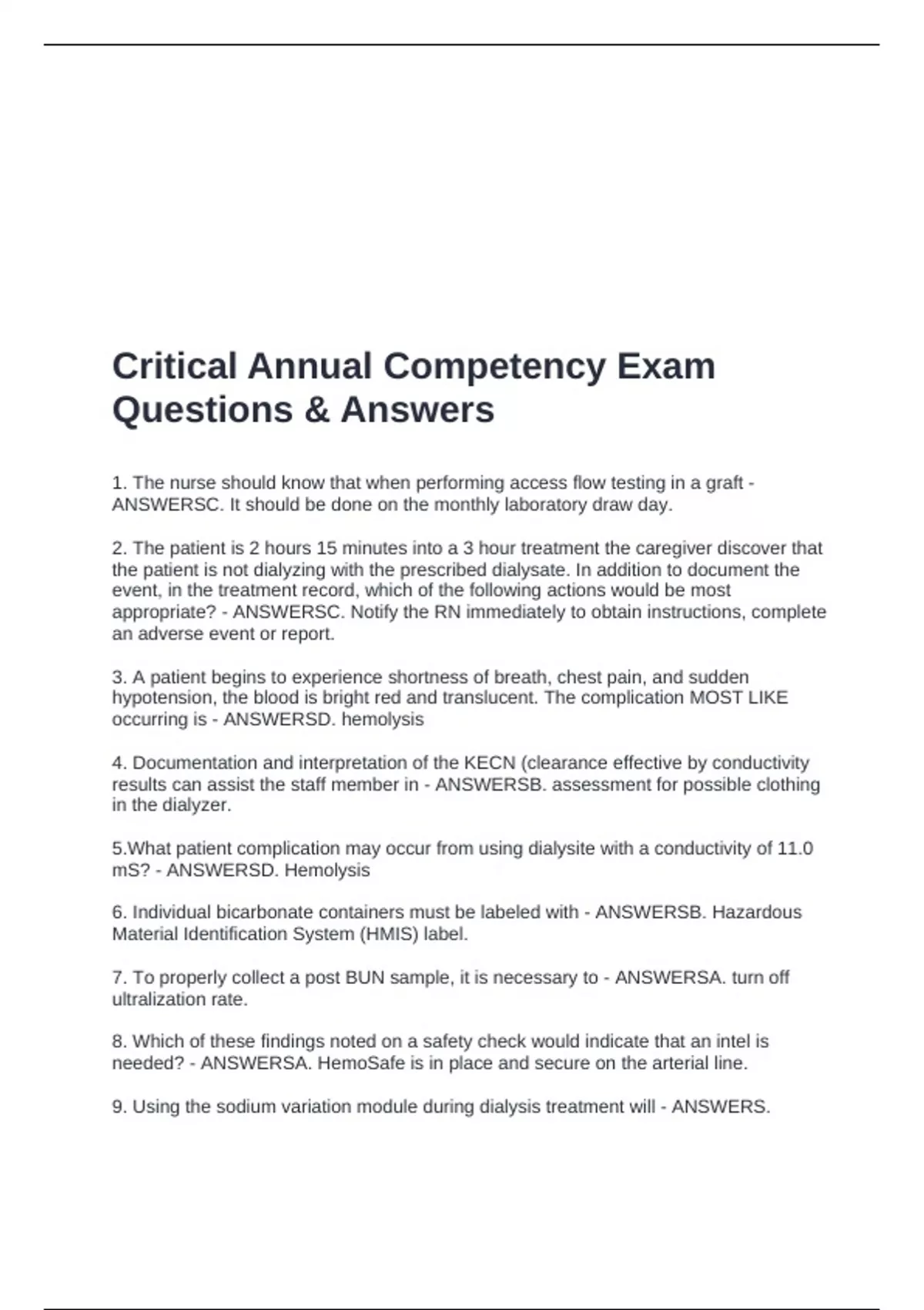 Competency Test Questions Critical Annual Competency Exam Questions & Answers - Critical Annual ...