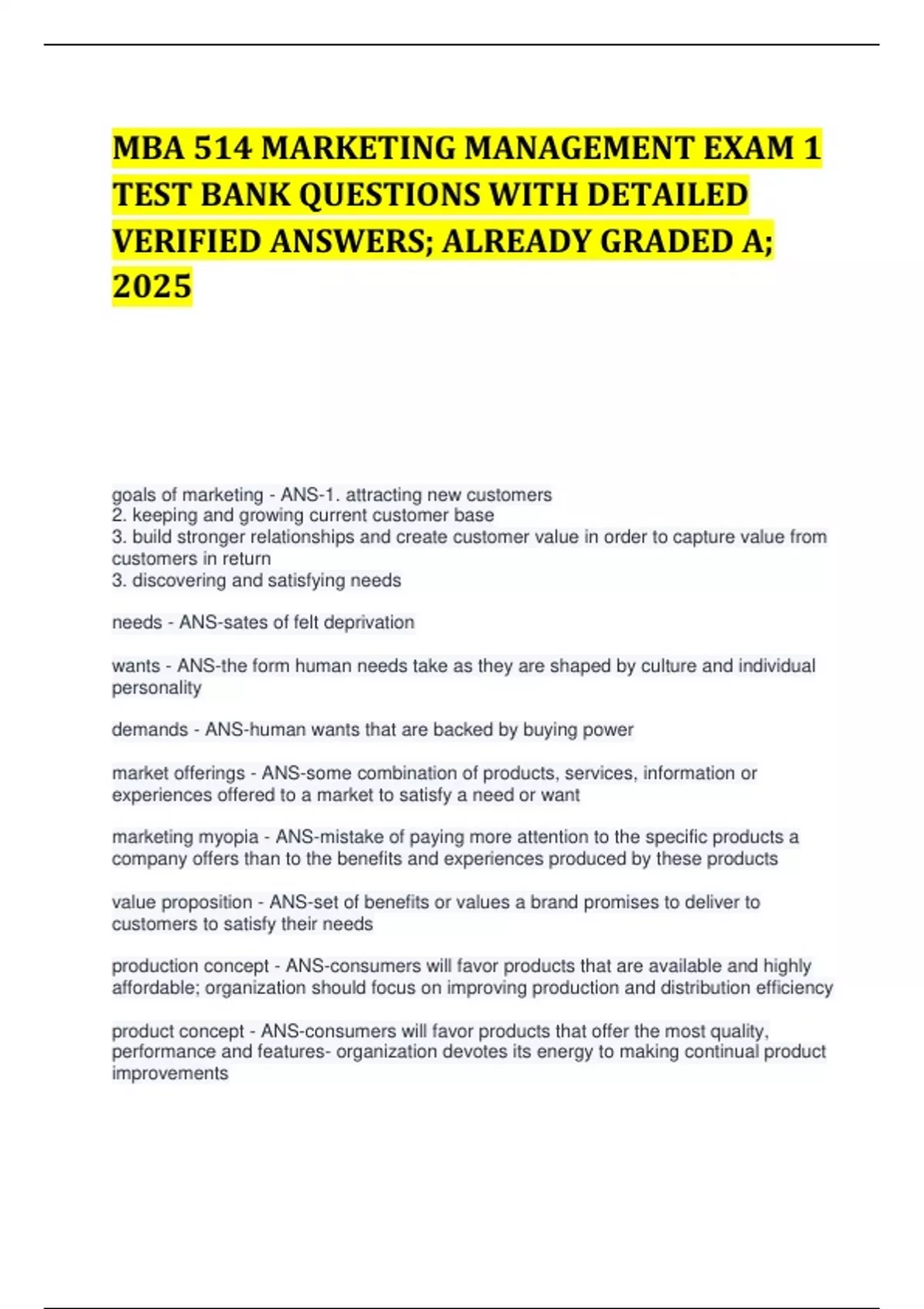 MBA 514 MARKETING MANAGEMENT EXAM 1 TEST BANK QUESTIONS WITH DETAILED ...
