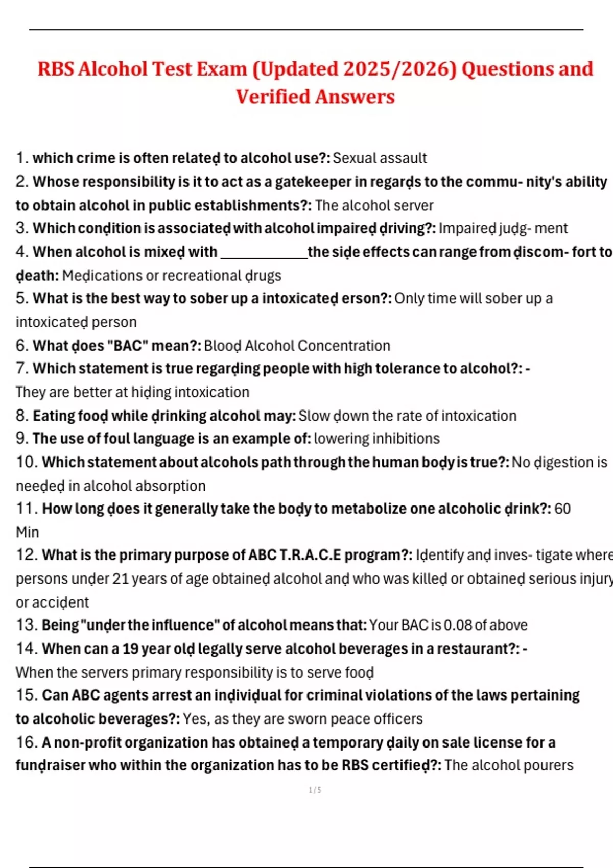 RBS Alcohol Test Exam (Updated 2025/2026) Questions and Verified ...