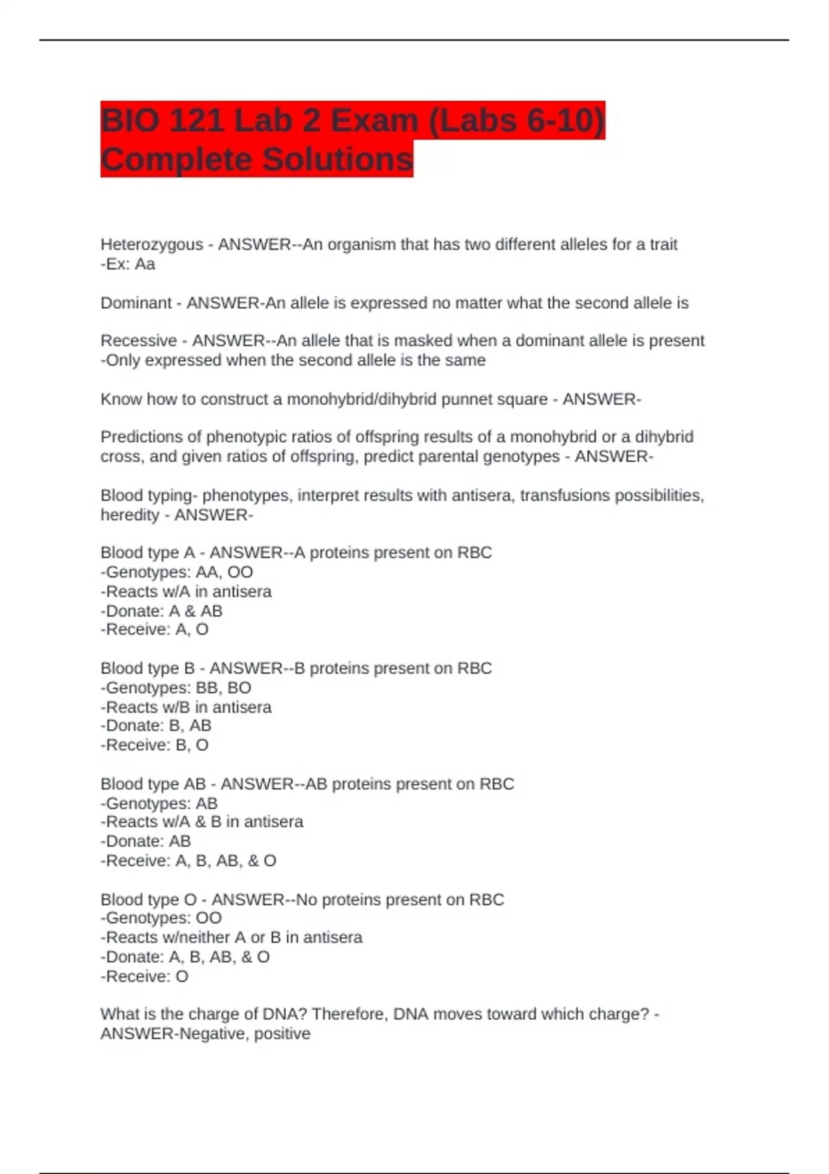 BIO 121 Lab 2 Exam (Labs 6-10) Complete Solutions - Biology 121 - Stuvia US