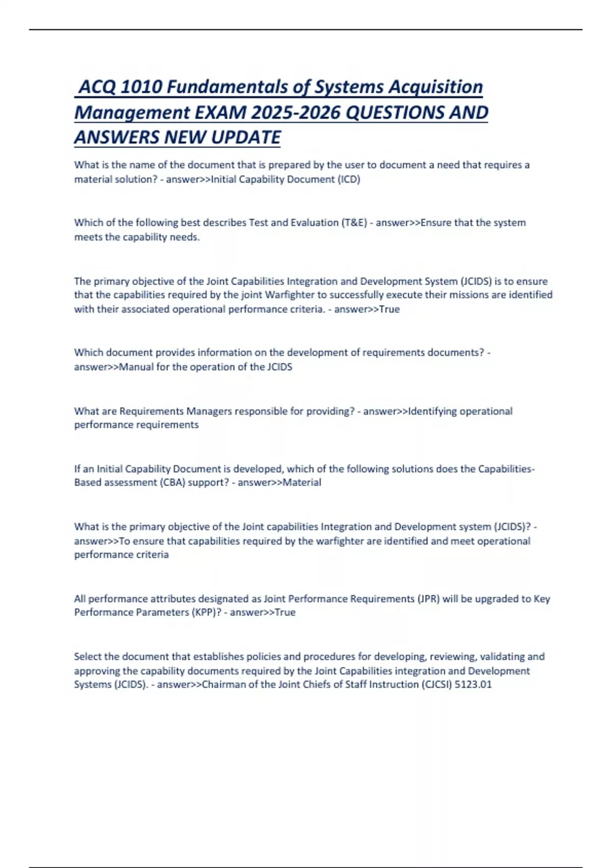 ACQ 1010 Fundamentals of Systems Acquisition Management EXAM QUESTIONS ...