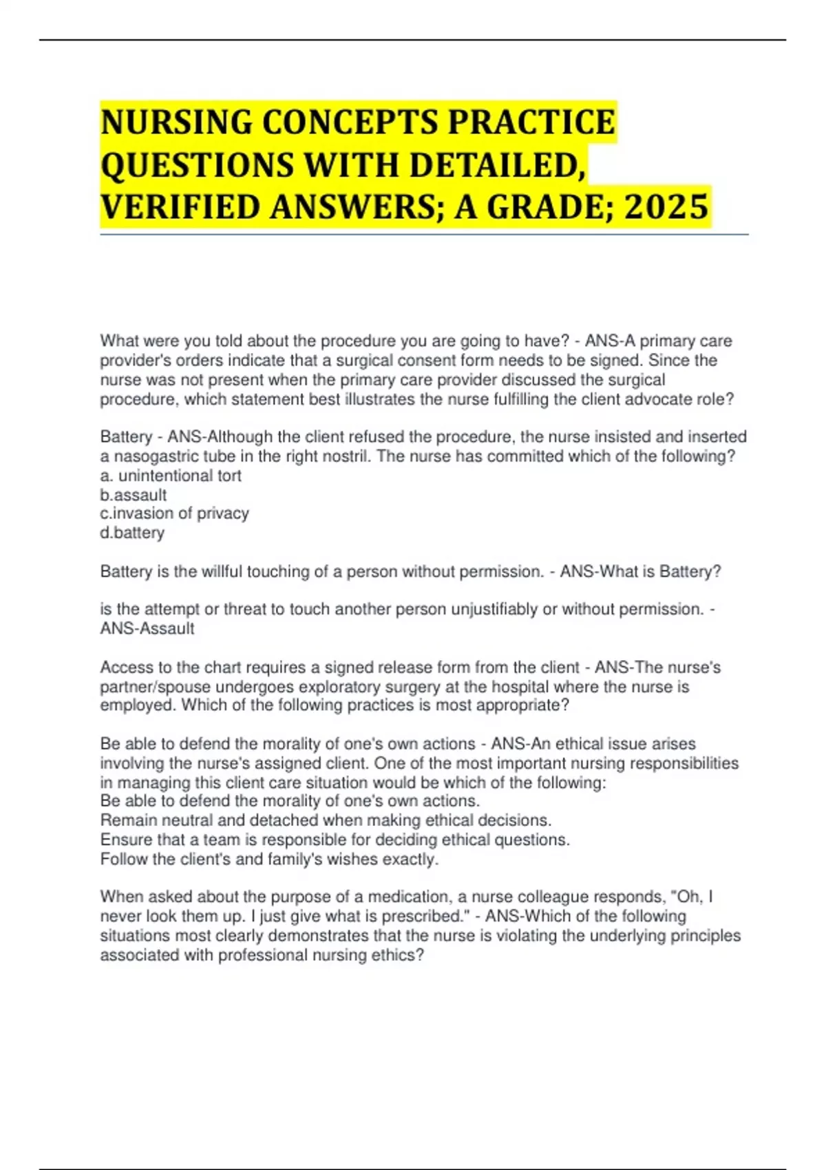 NURSING CONCEPTS PRACTICE QUESTIONS WITH DETAILED, VERIFIED ANSWERS; A ...