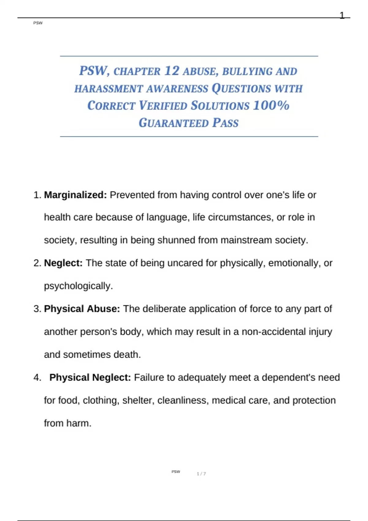 PSW, CHAPTER 12 ABUSE, BULLYING AND HARASSMENT AWARENESS QUESTIONS WITH ...