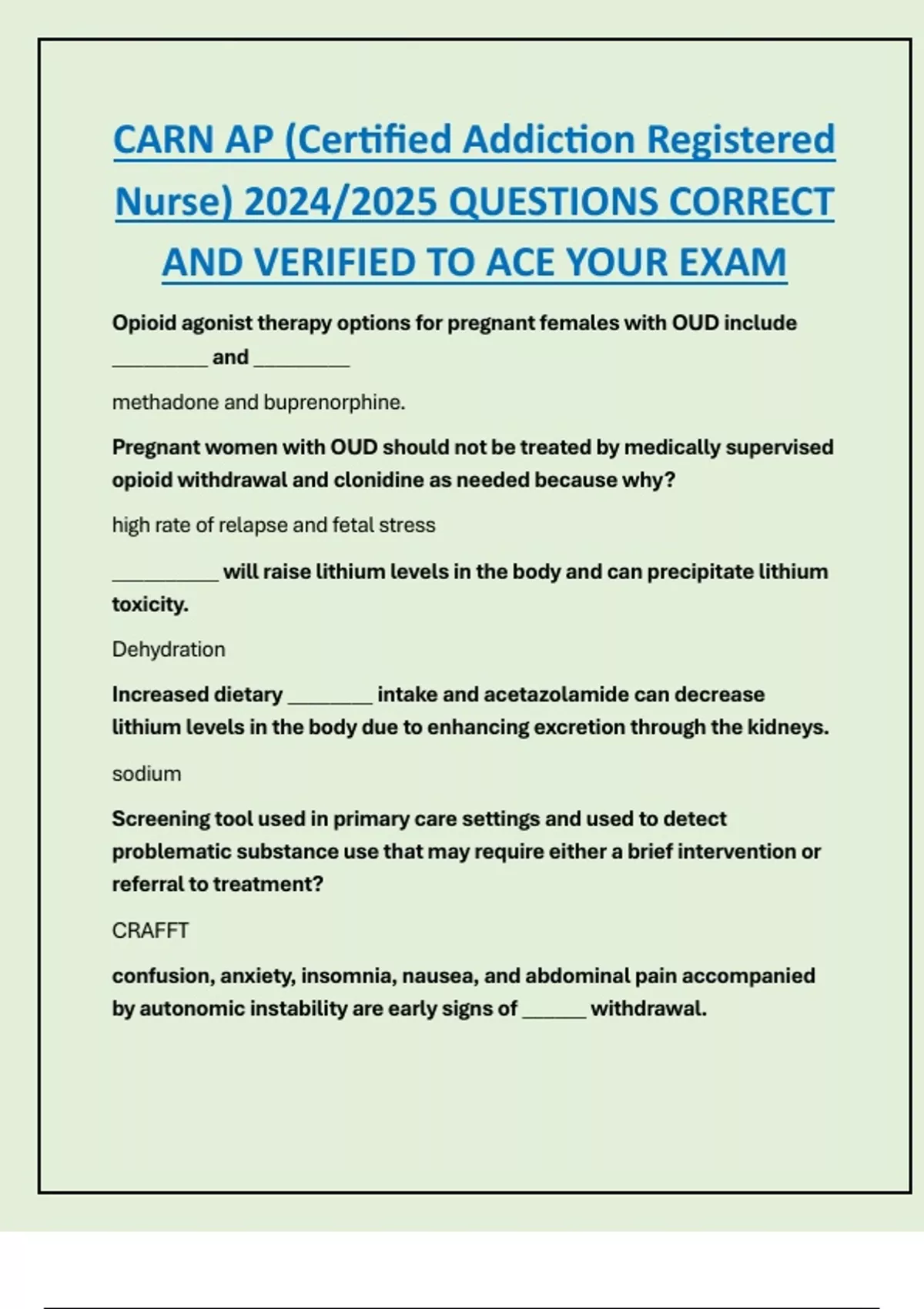 CARN AP (Certified Addiction Registered Nurse) 2024/2025 QUESTIONS ...