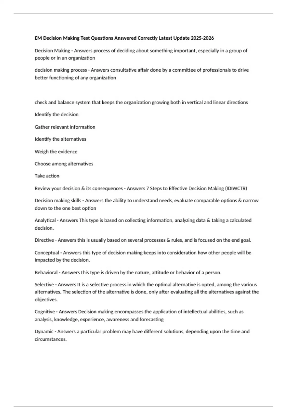 Making Test Questions EM Decision Making Test Questions Answered Correctly Latest Update - EM ...