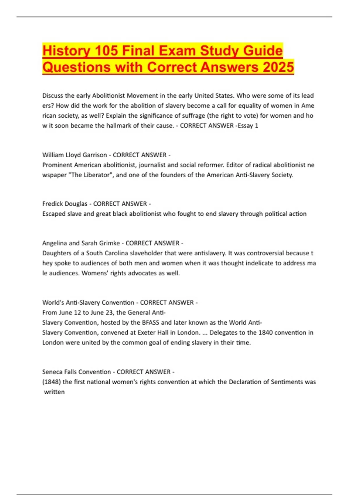 History 105 Final Exam Study Guide Questions with Correct Answers 2025 ...