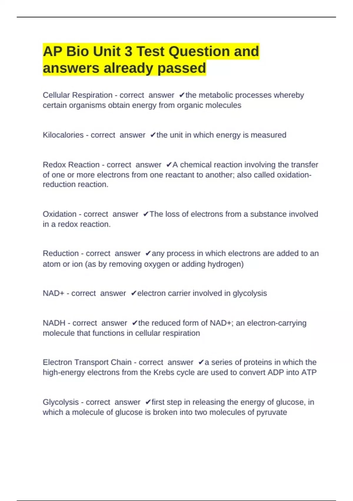 AP Bio Unit 3 Test Question and answers already passed - AP Bio Unit 3 ...