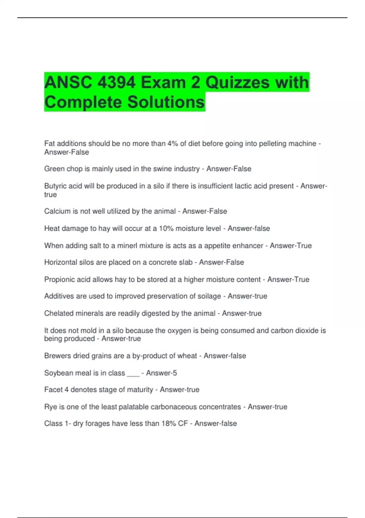 ANSC 4394 Exam 2 Quizzes with Complete Solutions - ANSC 4394 - Stuvia US