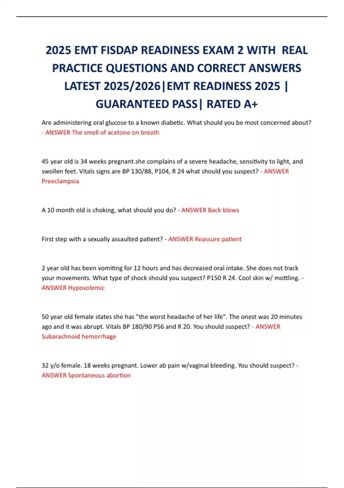 2025 EMT FISDAP READINESS EXAM 2 WITH REAL PRACTICE QUESTIONS AND ...