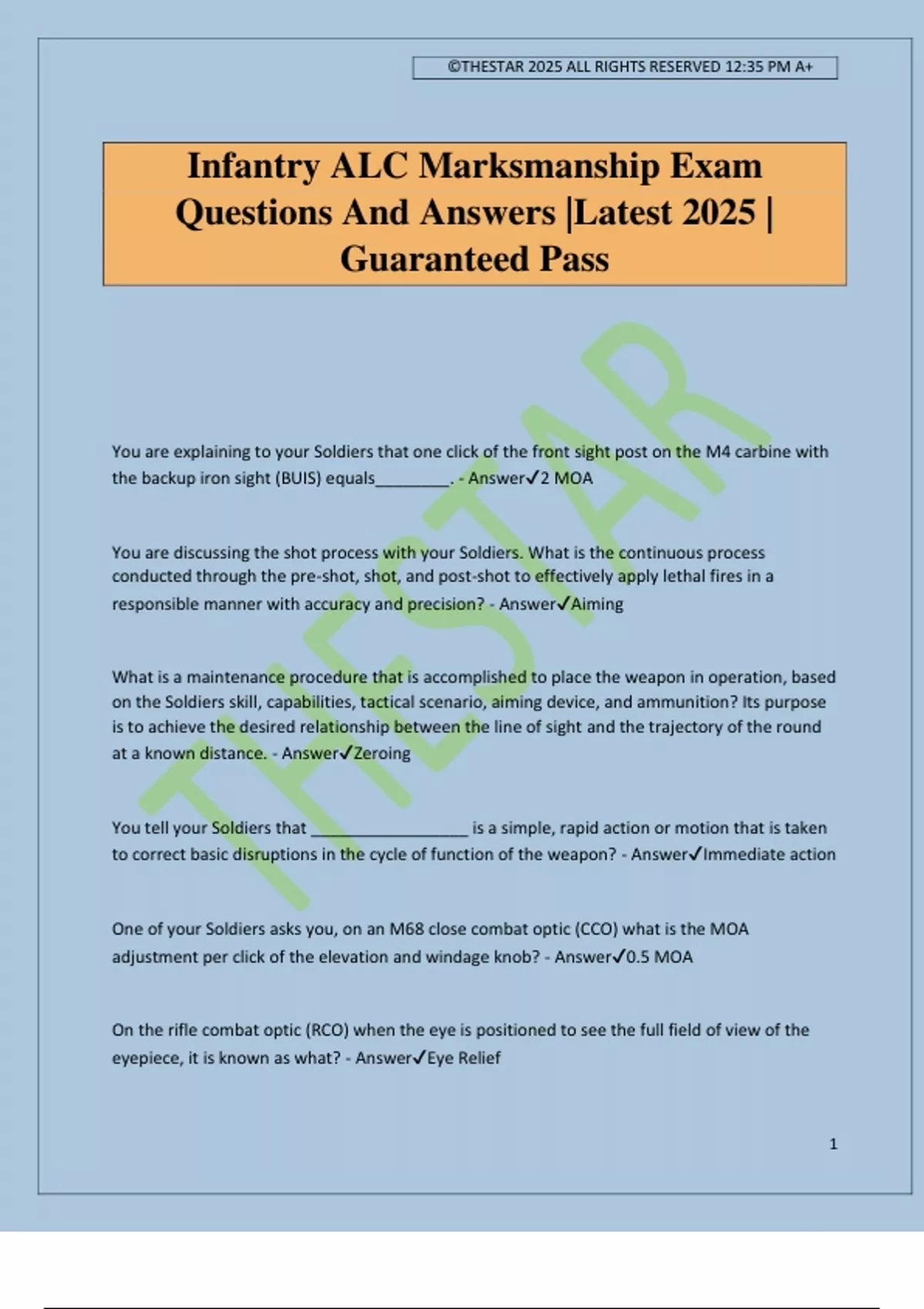Infantry ALC Marksmanship Exam Questions And Answers |Latest 2025 ...