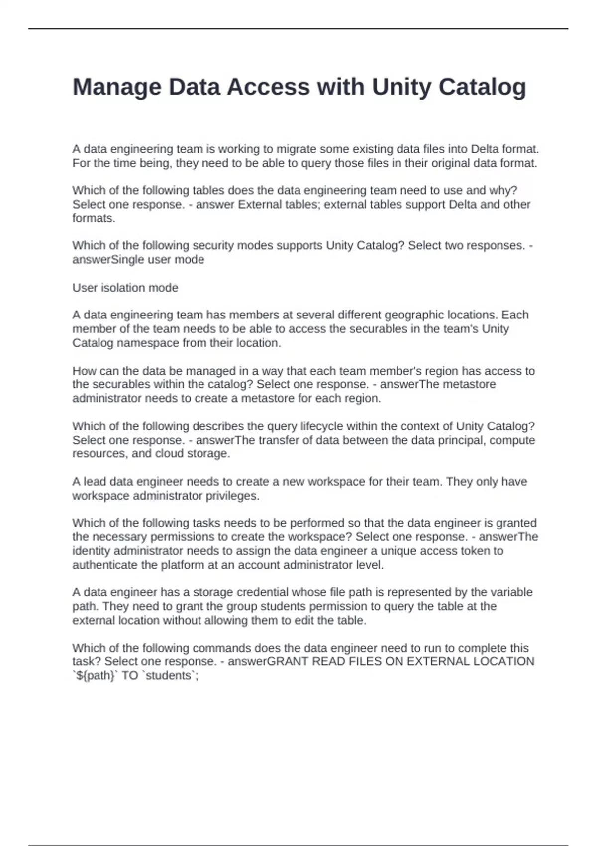 Manage Data Access with Unity Catalog Questions and Answers ...