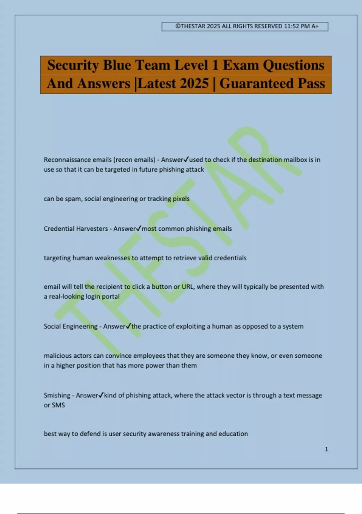 Security Blue Team Level 1 Exam Questions And Answers |Latest 2025 ...