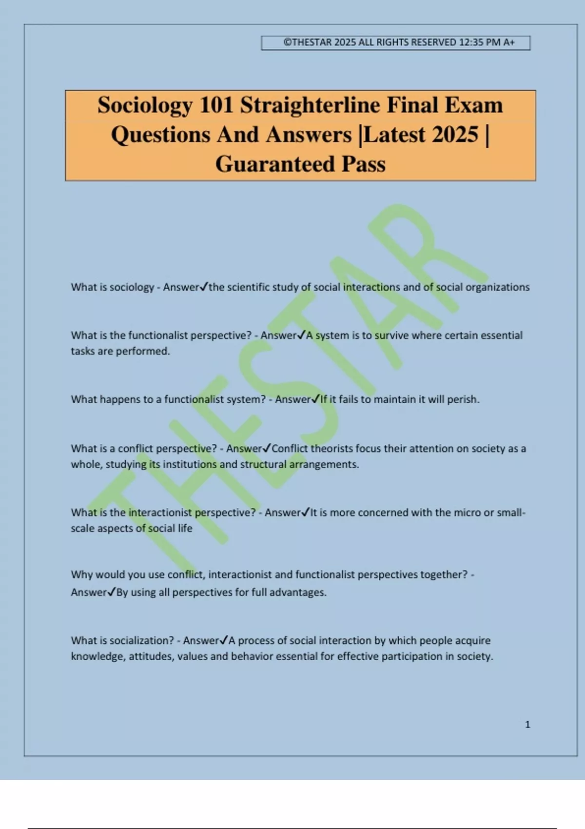 Sociology 101 Straighterline Final Exam Questions And Answers |Latest ...