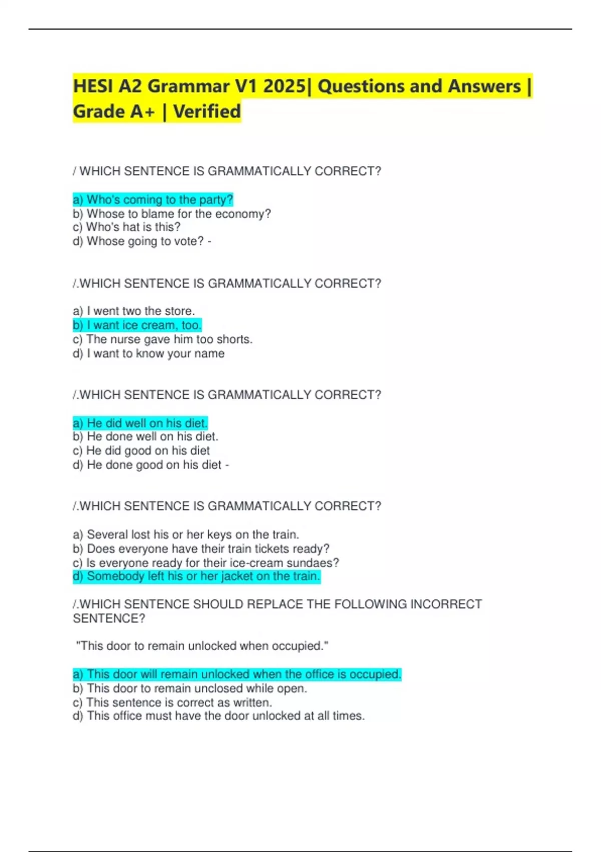 HESI A2 Grammar V1 2025| Questions and Answers | Grade A+ | Verified ...