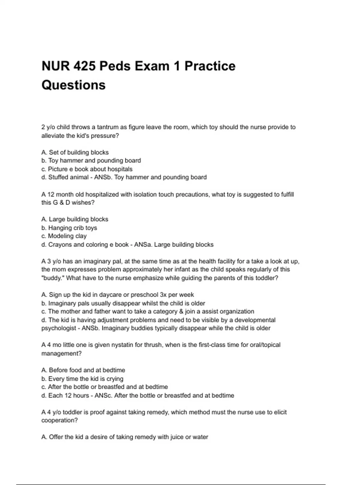 NUR 425 Peds Exam 1 Practice Questions NEWEST 2025/2026 ACTUAL EXAM ...