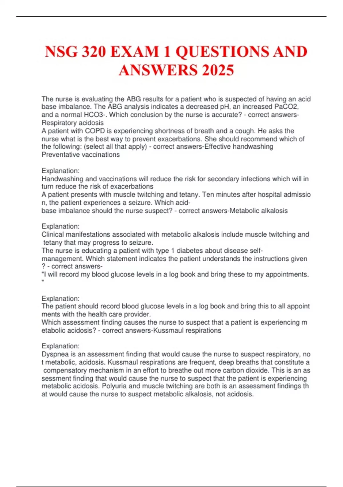 NSG 320 EXAM 1 QUESTIONS AND ANSWERS 2025 - NSG 320 - Stuvia US