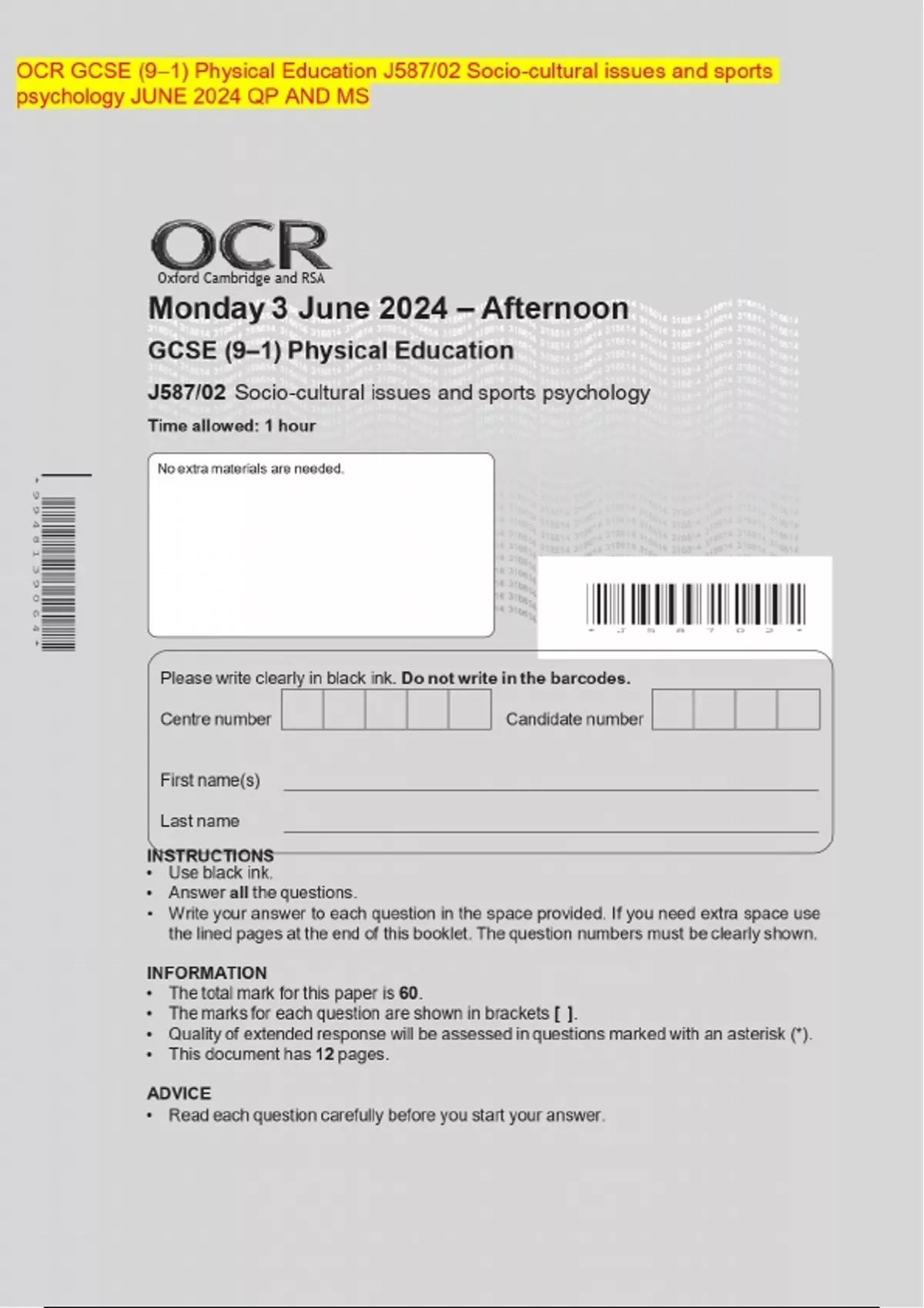 OCR GCSE (9–1) Physical Education J587/02 Socio-cultural issues and ...